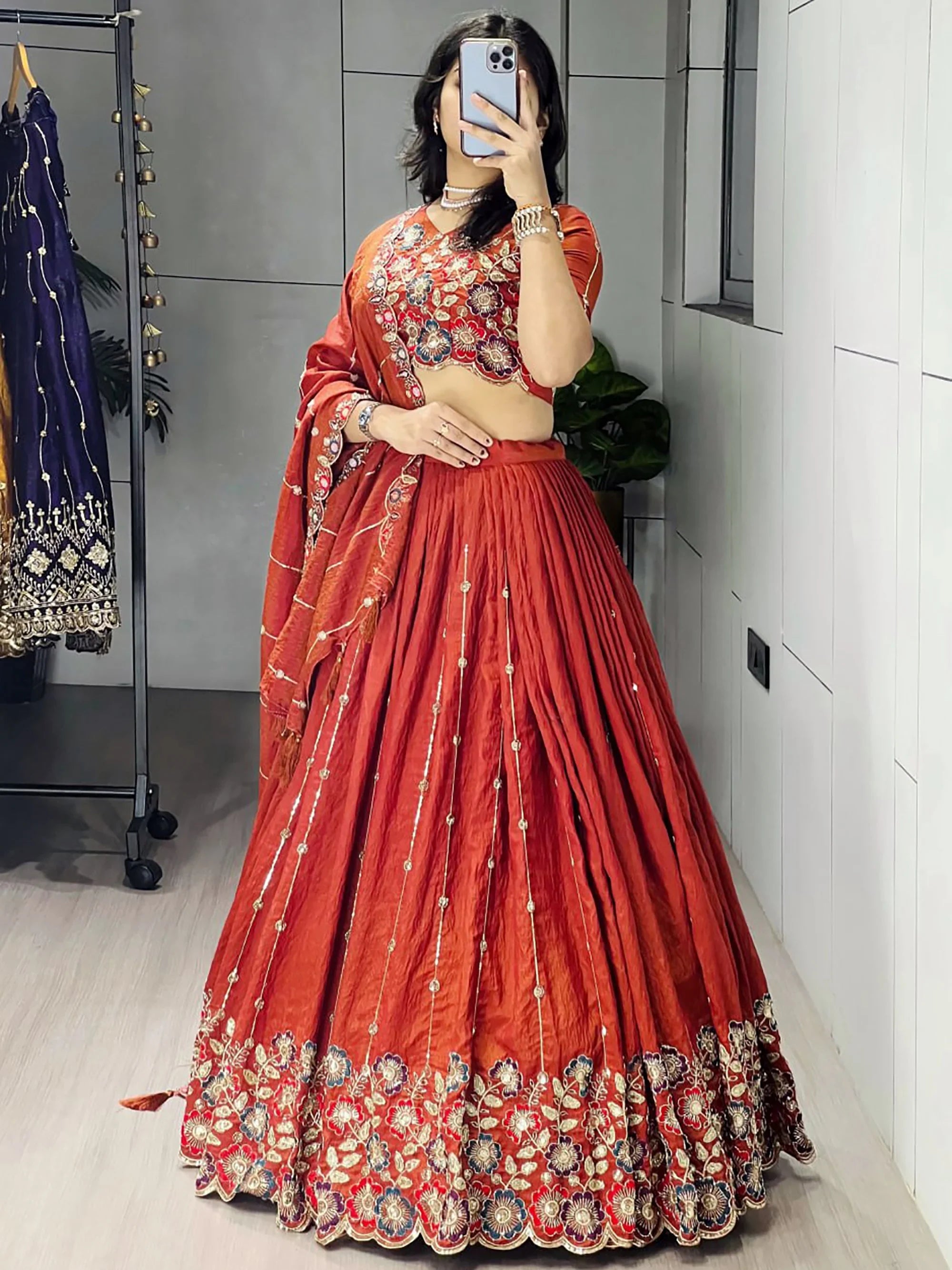 Graceful Orange Embroidered Silk Wedding Wear Lehenga Choli