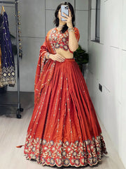 Graceful Orange Embroidered Silk Wedding Wear Lehenga Choli