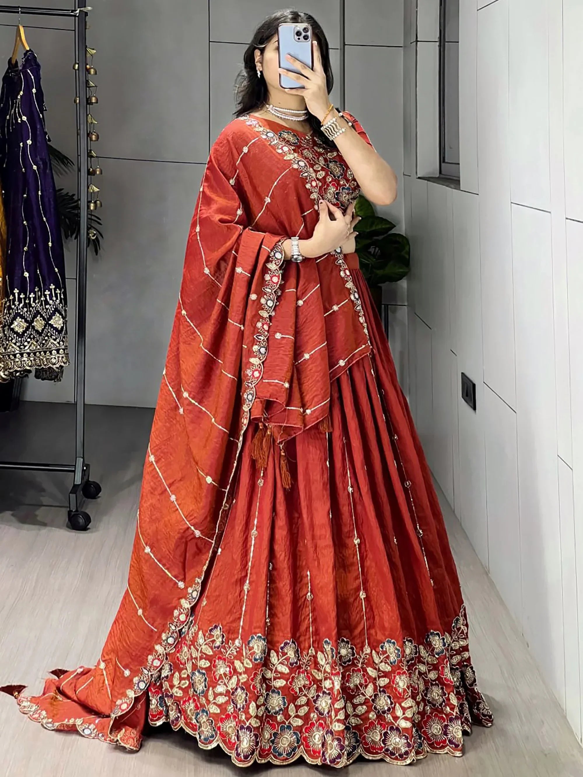 Graceful Orange Embroidered Silk Wedding Wear Lehenga Choli