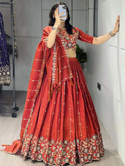Graceful Orange Embroidered Silk Wedding Wear Lehenga Choli
