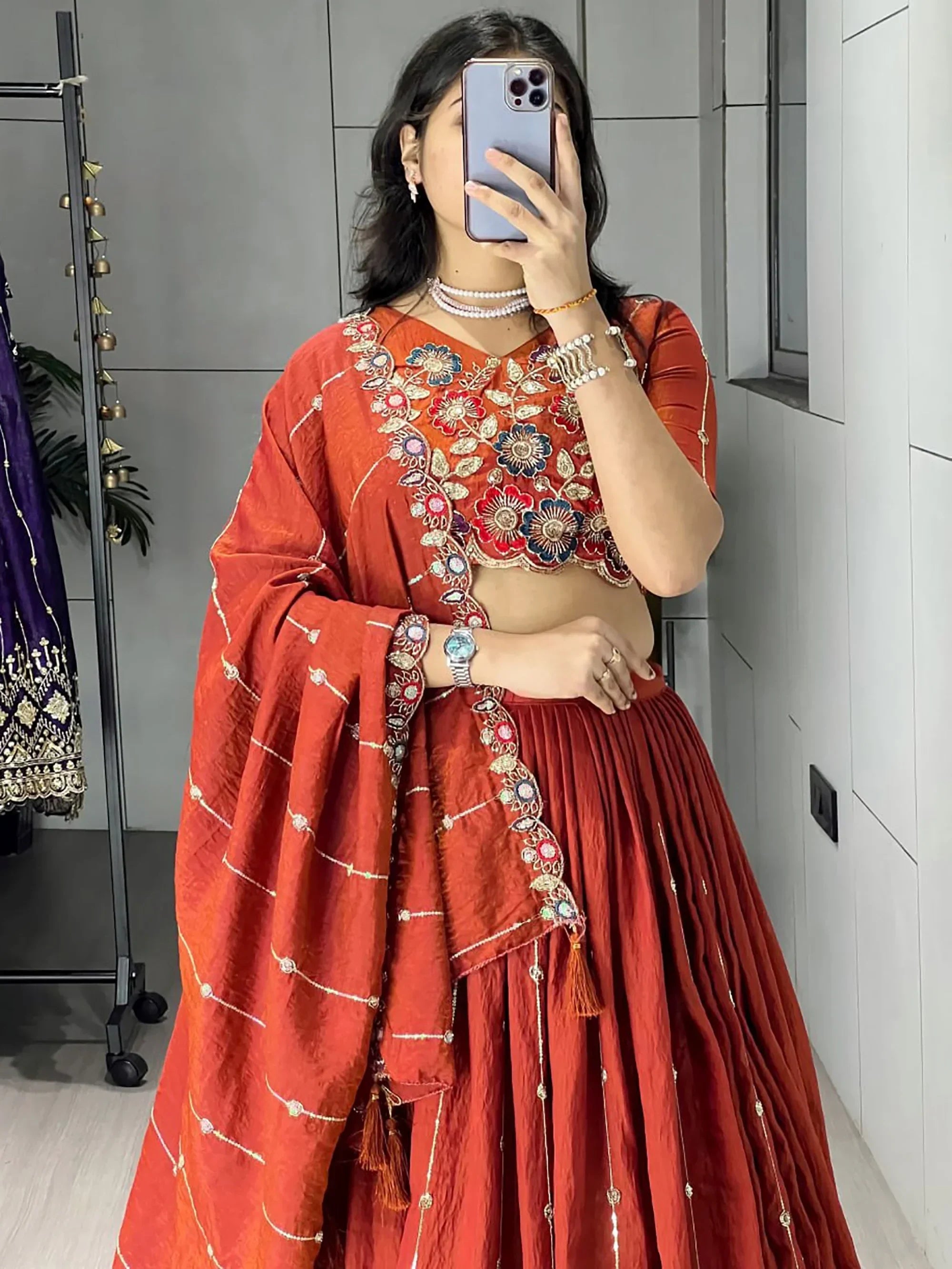 Graceful Orange Embroidered Silk Wedding Wear Lehenga Choli