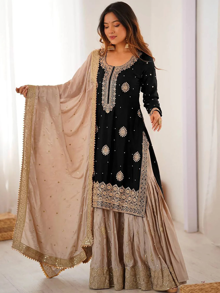 Sparkling Black Coding Work Silk Festival Wear Sharara Suit