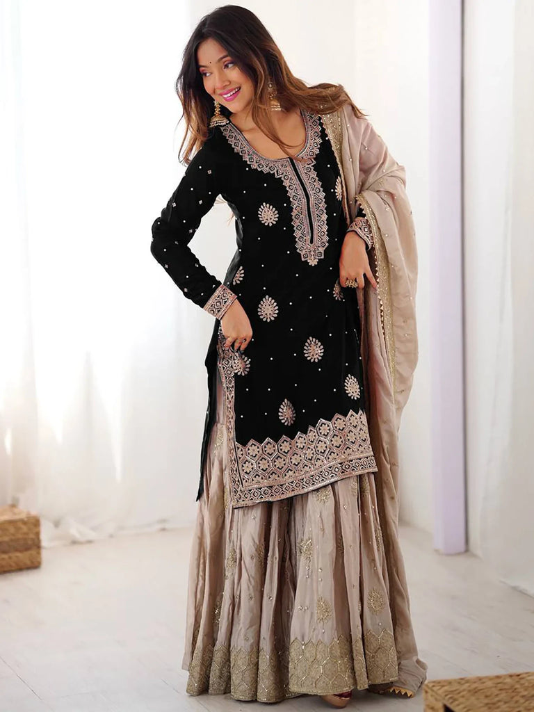 Sparkling Black Coding Work Silk Festival Wear Sharara Suit