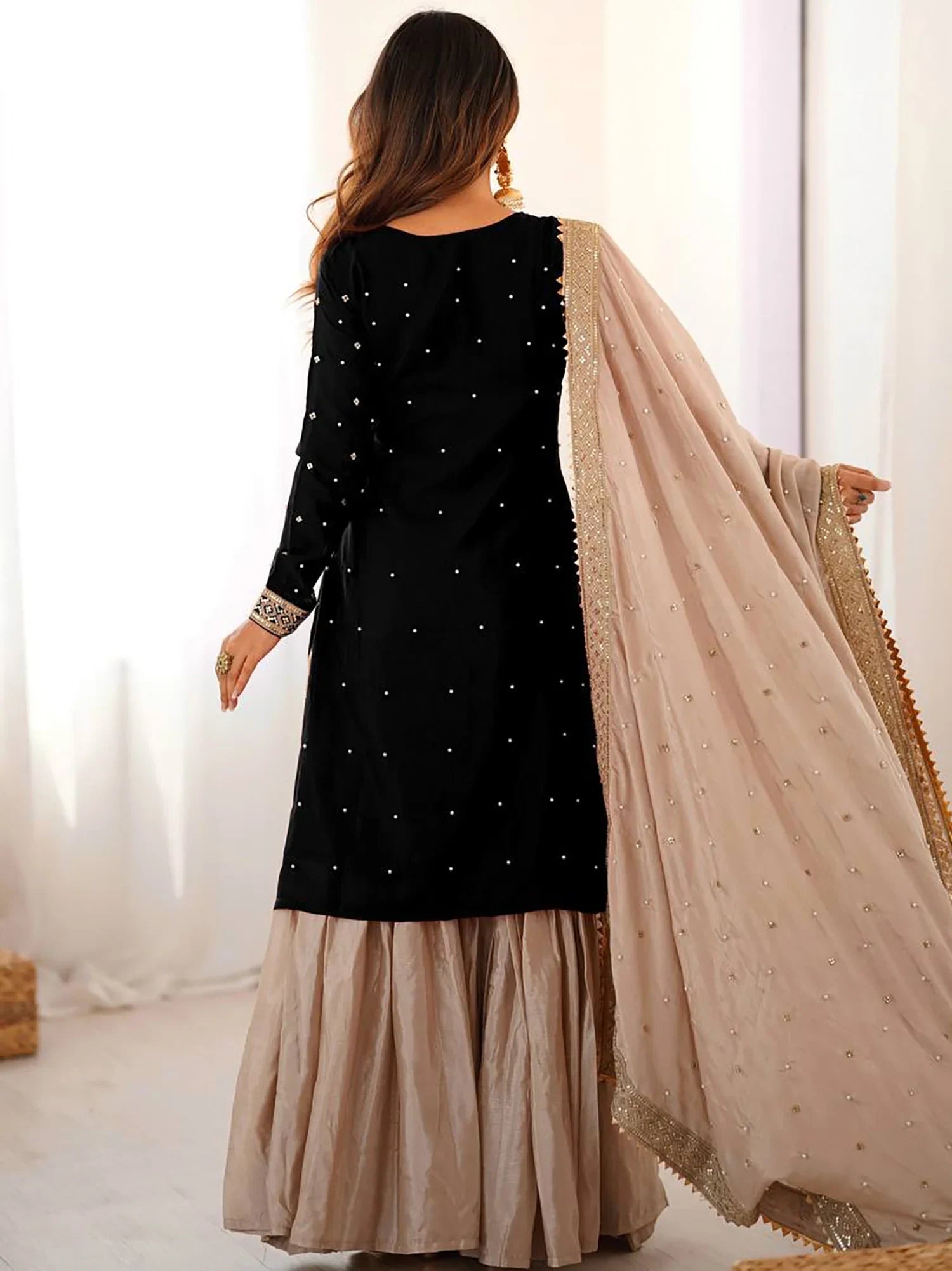 Sparkling Black Coding Work Silk Festival Wear Sharara Suit