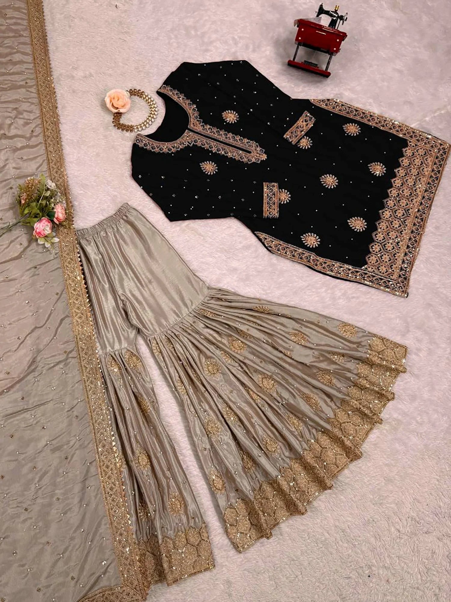 Sparkling Black Coding Work Silk Festival Wear Sharara Suit