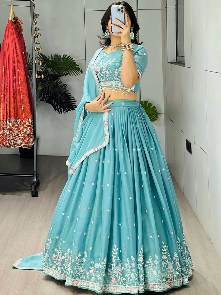 Fantastic Blue Embroidered Georgette Wedding Wear Lehenga Choli