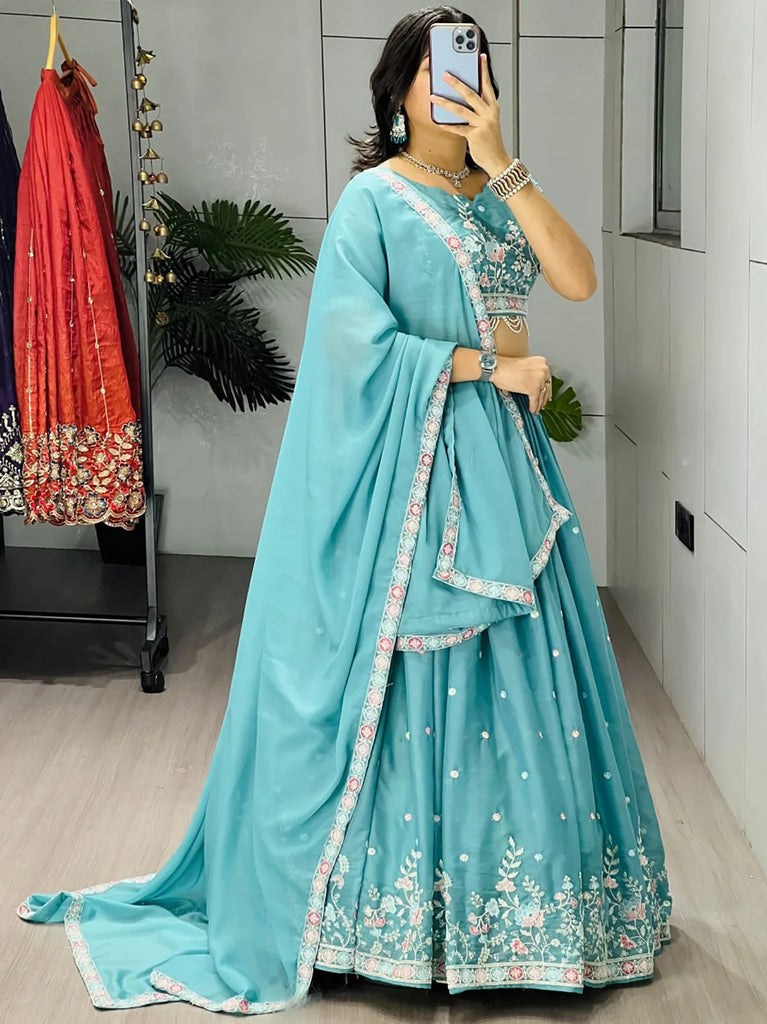 Fantastic Blue Embroidered Georgette Wedding Wear Lehenga Choli