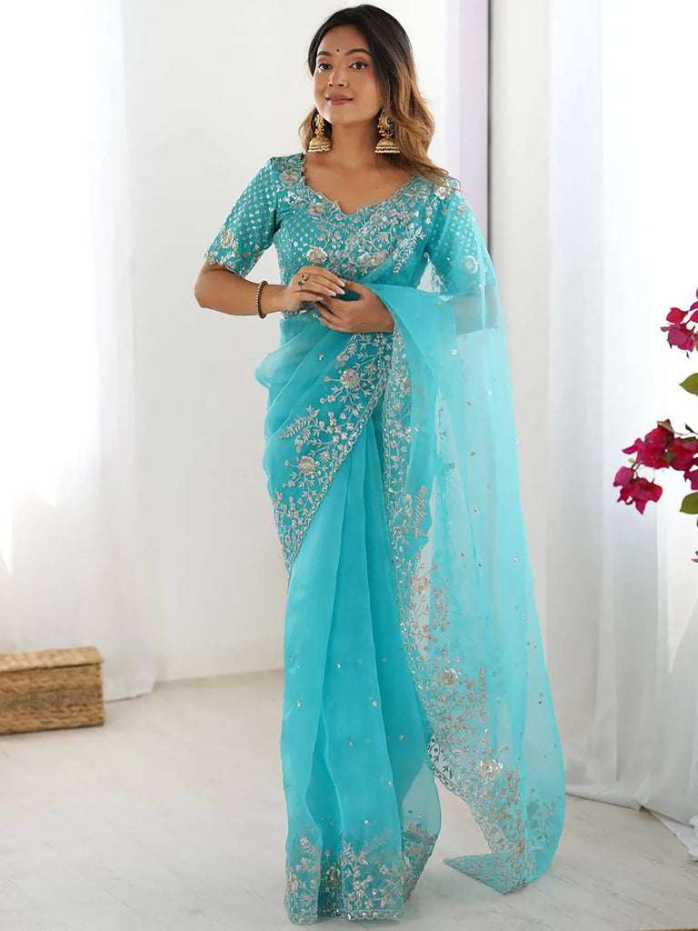 Fabulous Sky Blue Sequins Organza Festival Wear Saree With Blouse