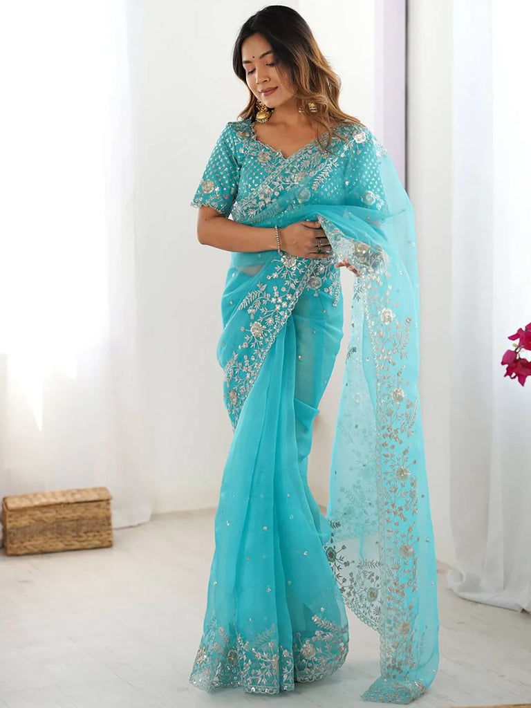 Fabulous Sky Blue Sequins Organza Festival Wear Saree With Blouse