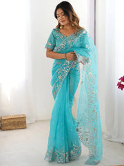 Fabulous Sky Blue Sequins Organza Festival Wear Saree With Blouse