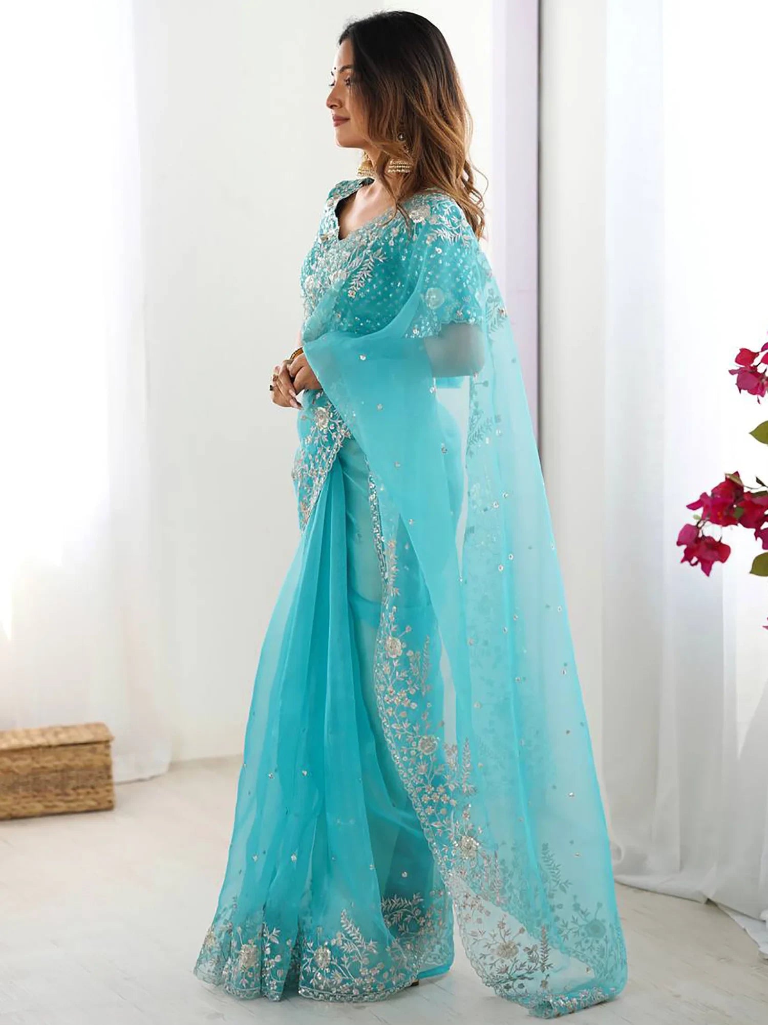Fabulous Sky Blue Sequins Organza Festival Wear Saree With Blouse