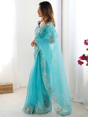 Fabulous Sky Blue Sequins Organza Festival Wear Saree With Blouse