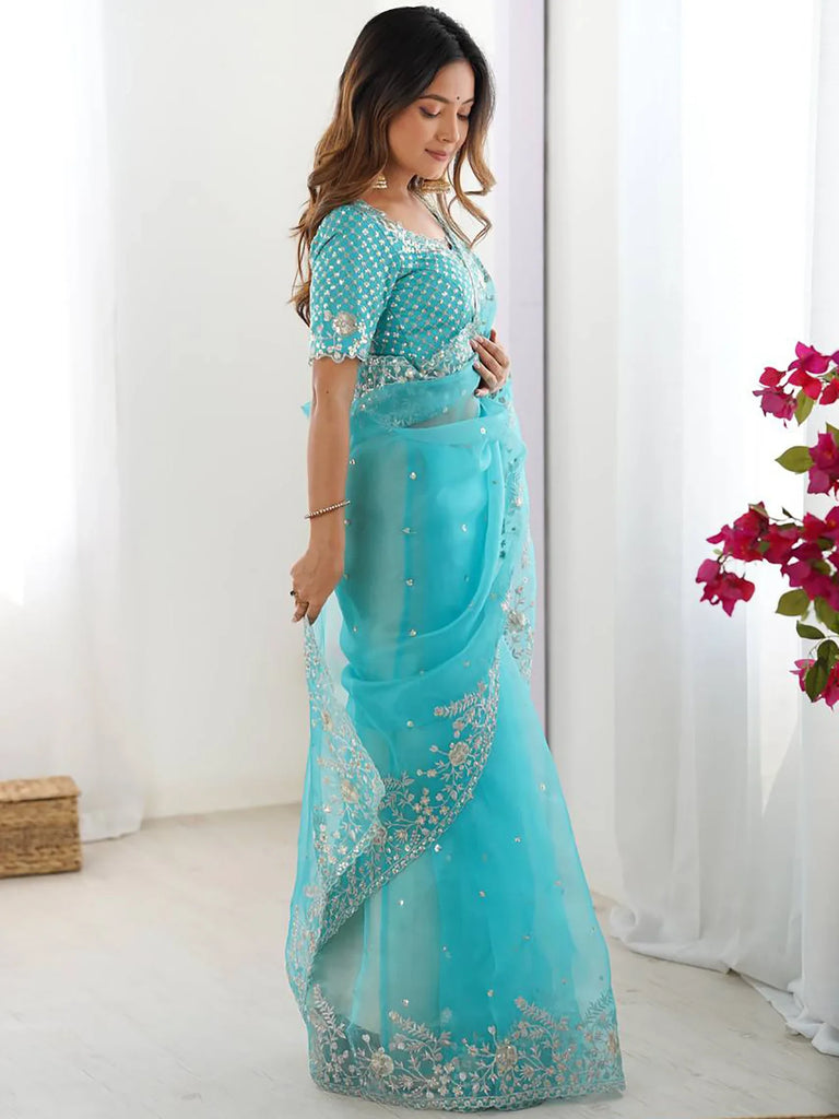 Fabulous Sky Blue Sequins Organza Festival Wear Saree With Blouse