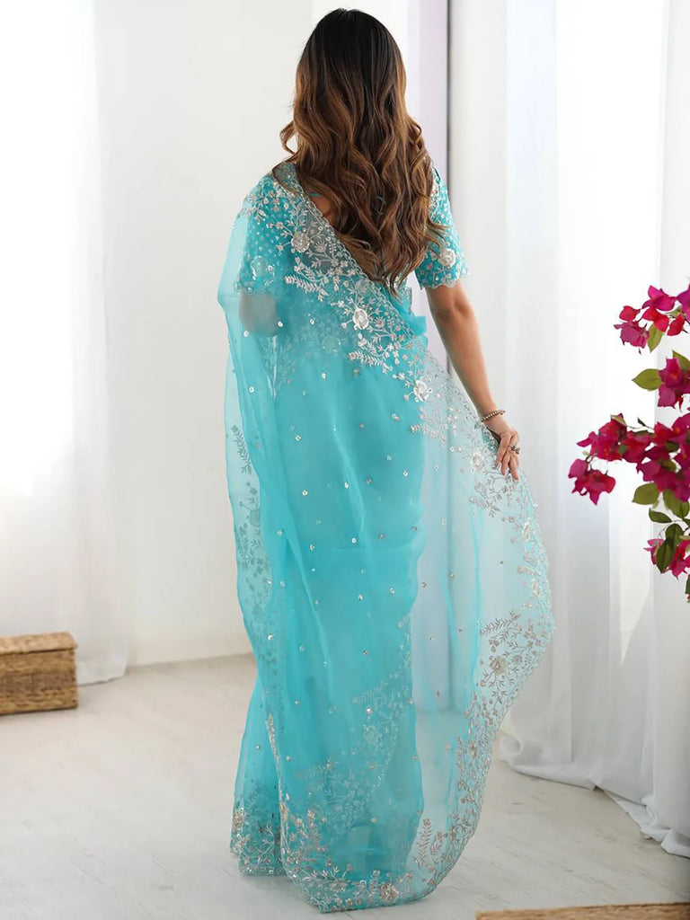 Fabulous Sky Blue Sequins Organza Festival Wear Saree With Blouse