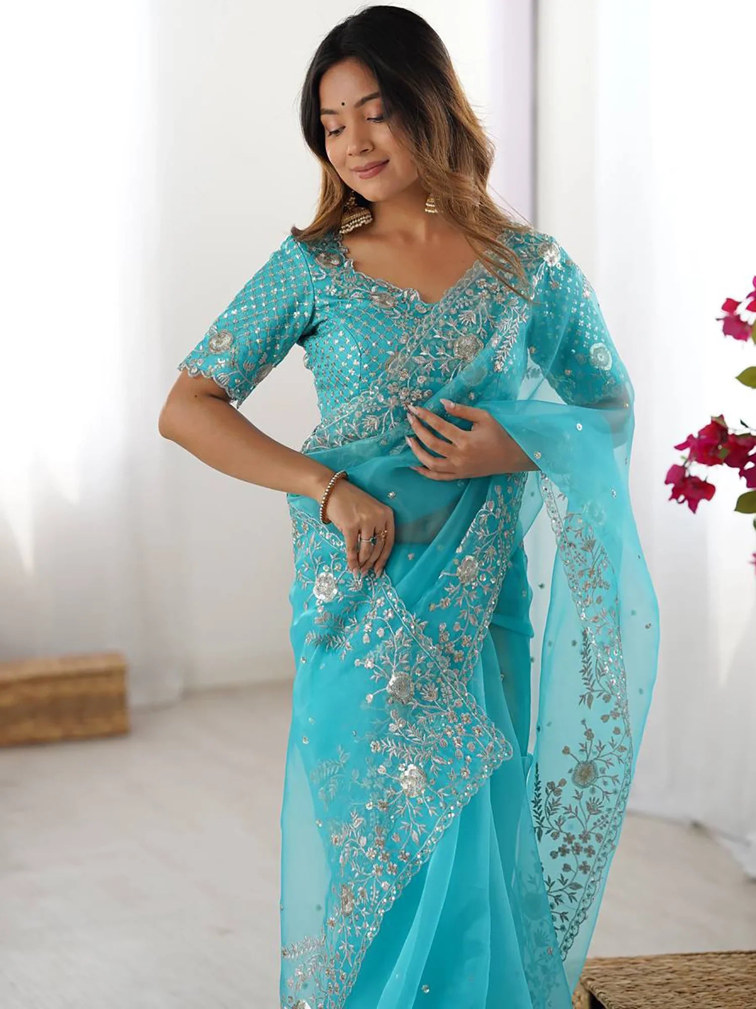 Fabulous Sky Blue Sequins Organza Festival Wear Saree With Blouse