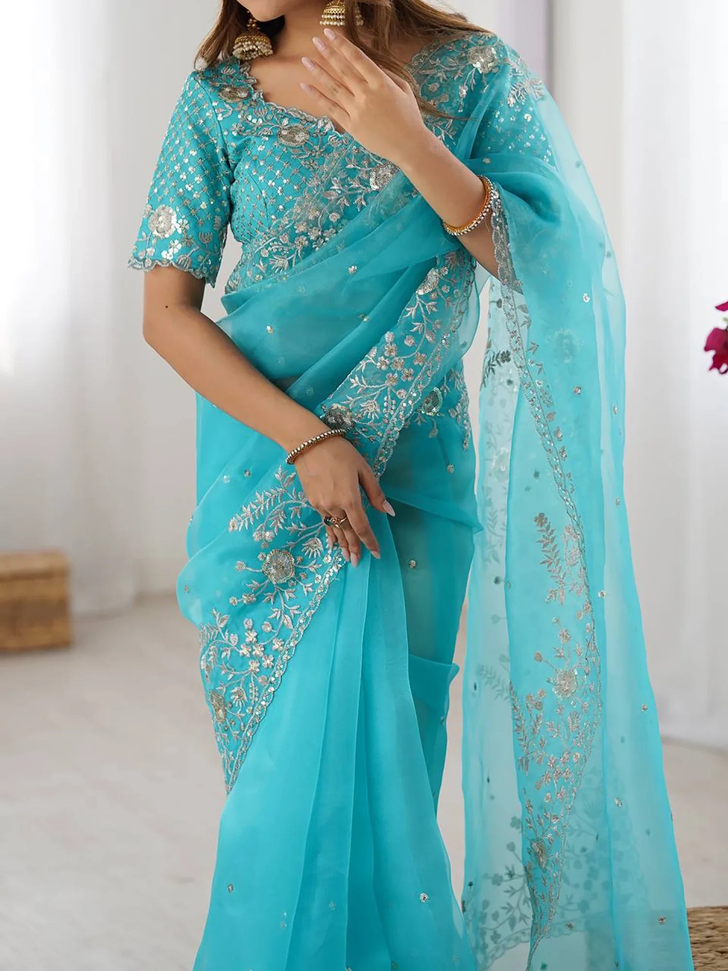 Fabulous Sky Blue Sequins Organza Festival Wear Saree With Blouse