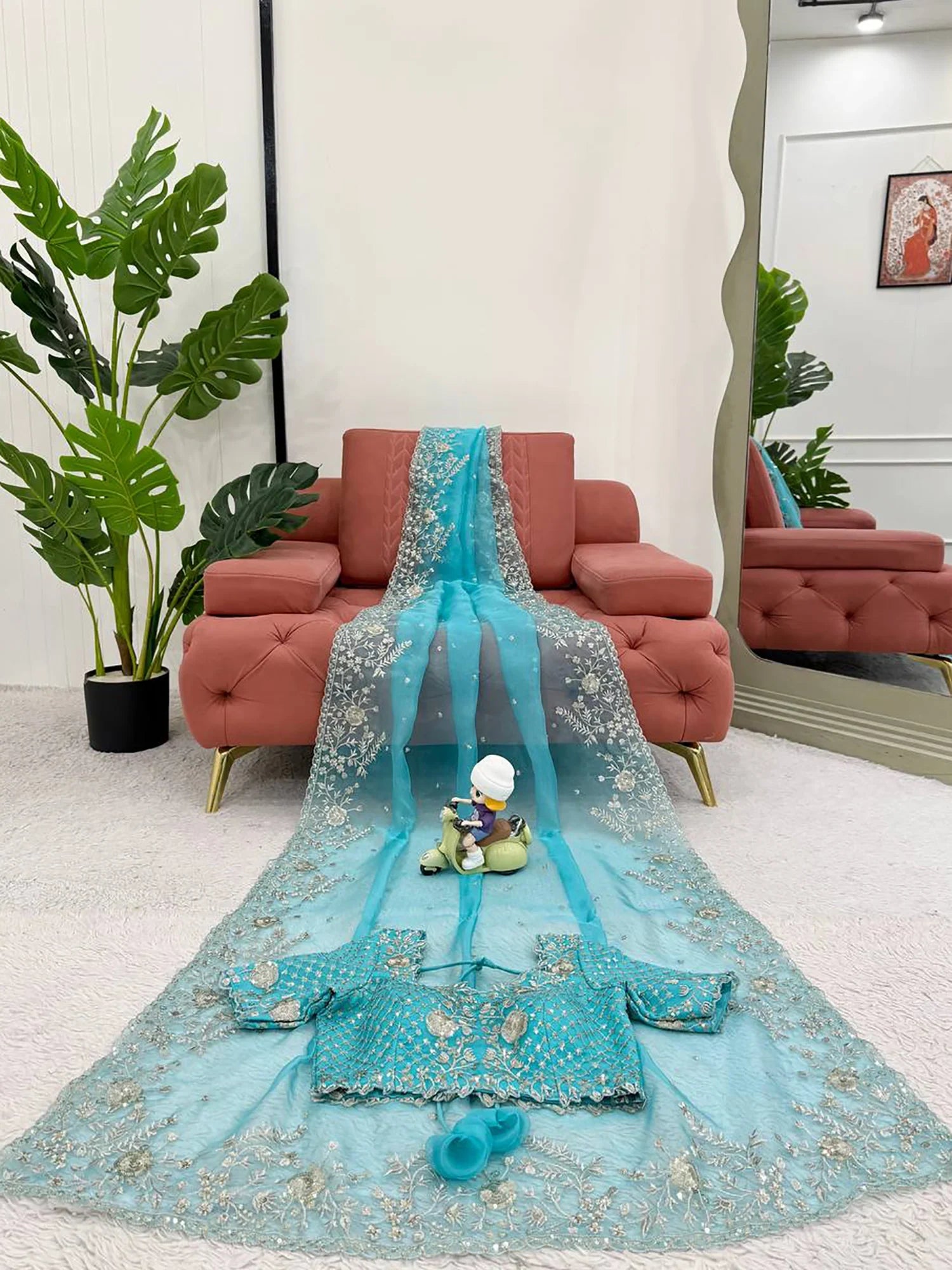 Fabulous Sky Blue Sequins Organza Festival Wear Saree With Blouse