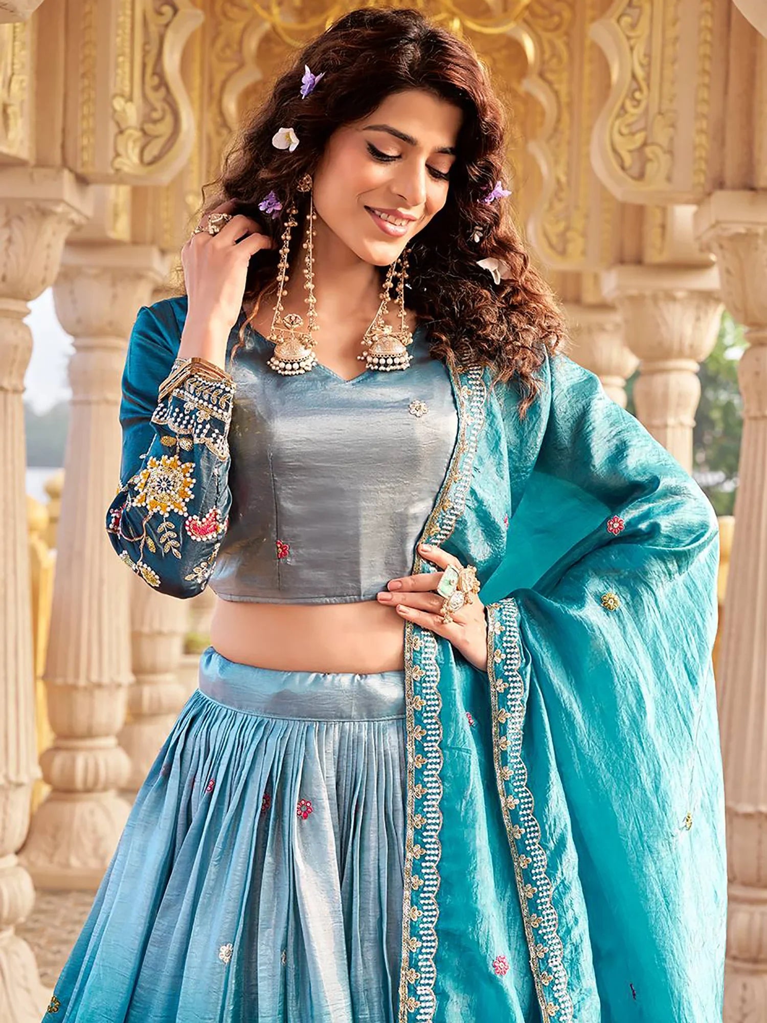 Incredible Blue Embroidered Crushed Wedding Wear Lehenga Choli