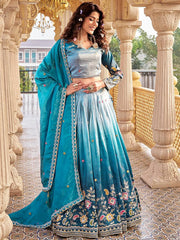 Incredible Blue Embroidered Crushed Wedding Wear Lehenga Choli