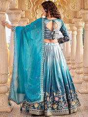 Incredible Blue Embroidered Crushed Wedding Wear Lehenga Choli