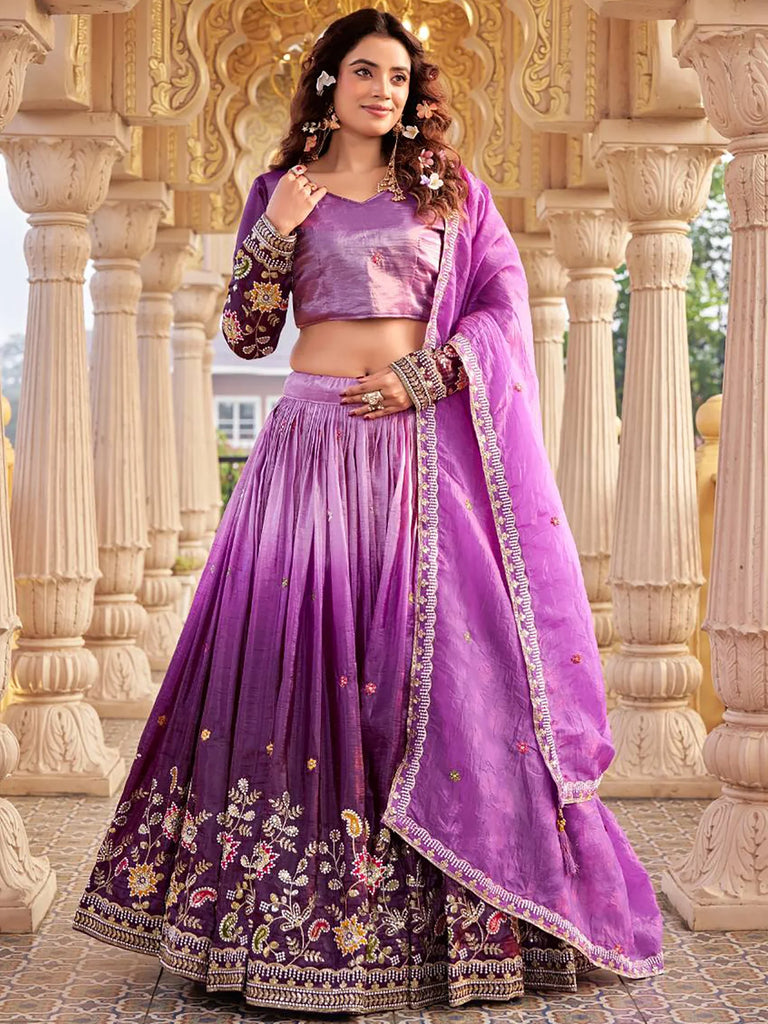 Outstanding Purple Embroidered Crushed Function Wear Lehenga Choli