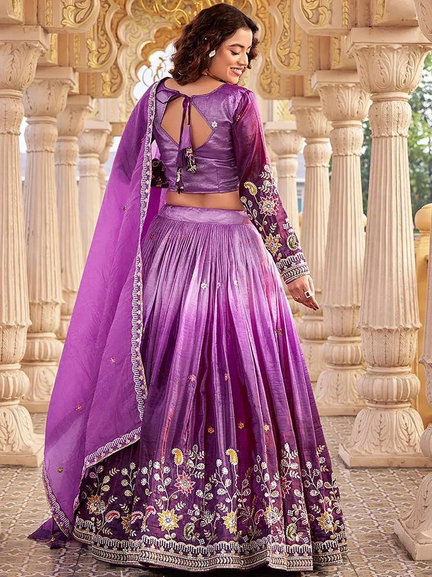 Outstanding Purple Embroidered Crushed Function Wear Lehenga Choli