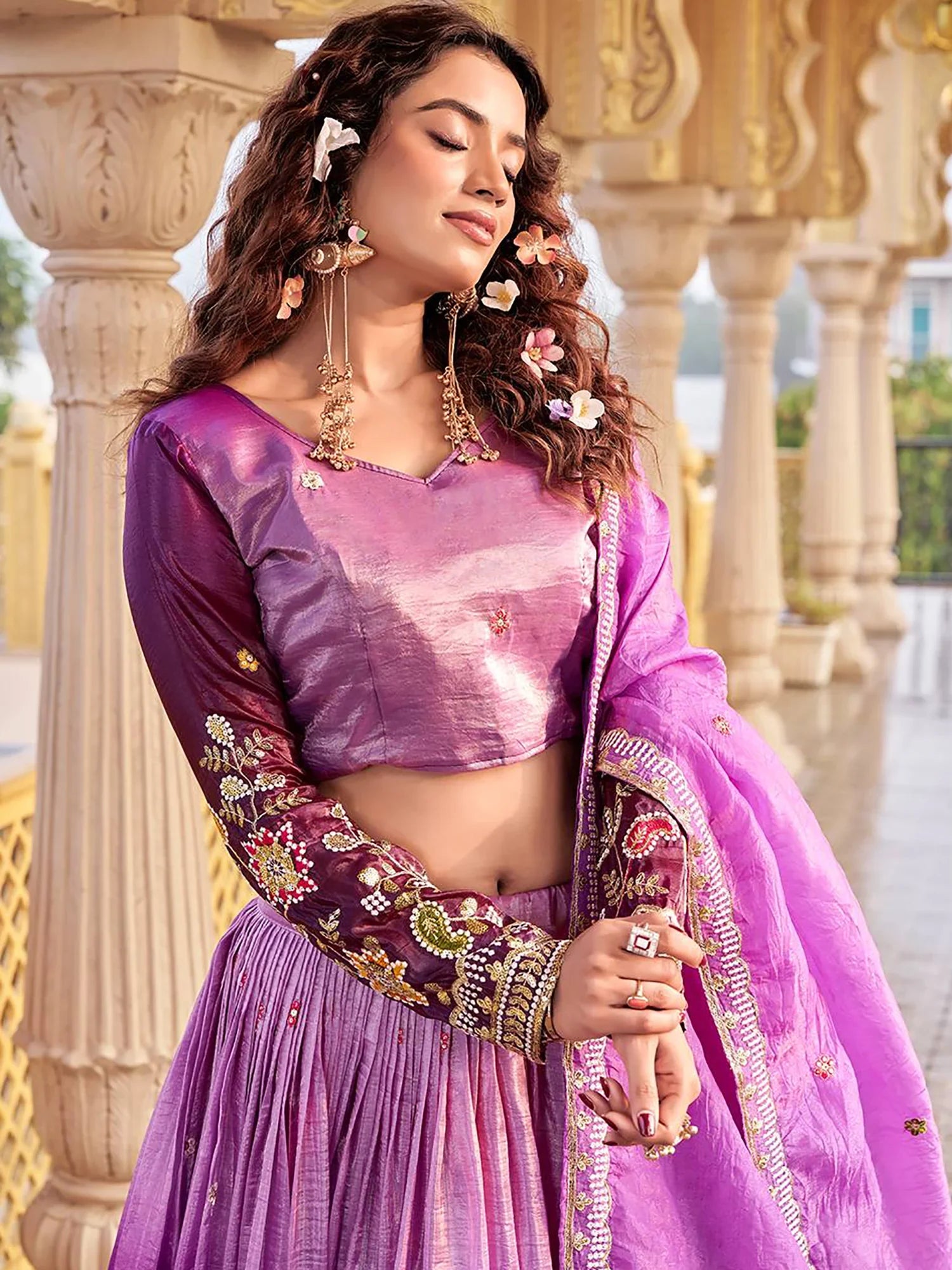 Outstanding Purple Embroidered Crushed Function Wear Lehenga Choli