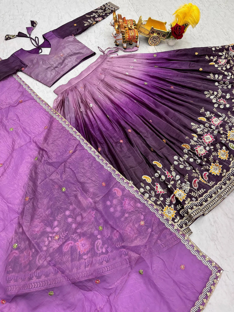 Outstanding Purple Embroidered Crushed Function Wear Lehenga Choli