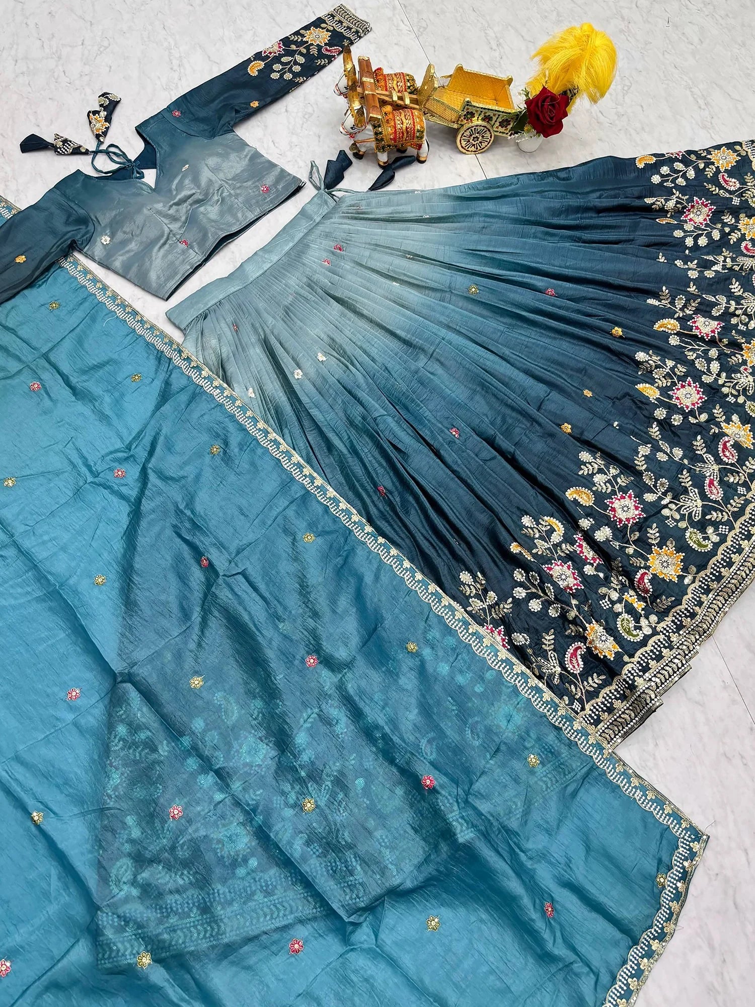 Incredible Blue Embroidered Crushed Wedding Wear Lehenga Choli