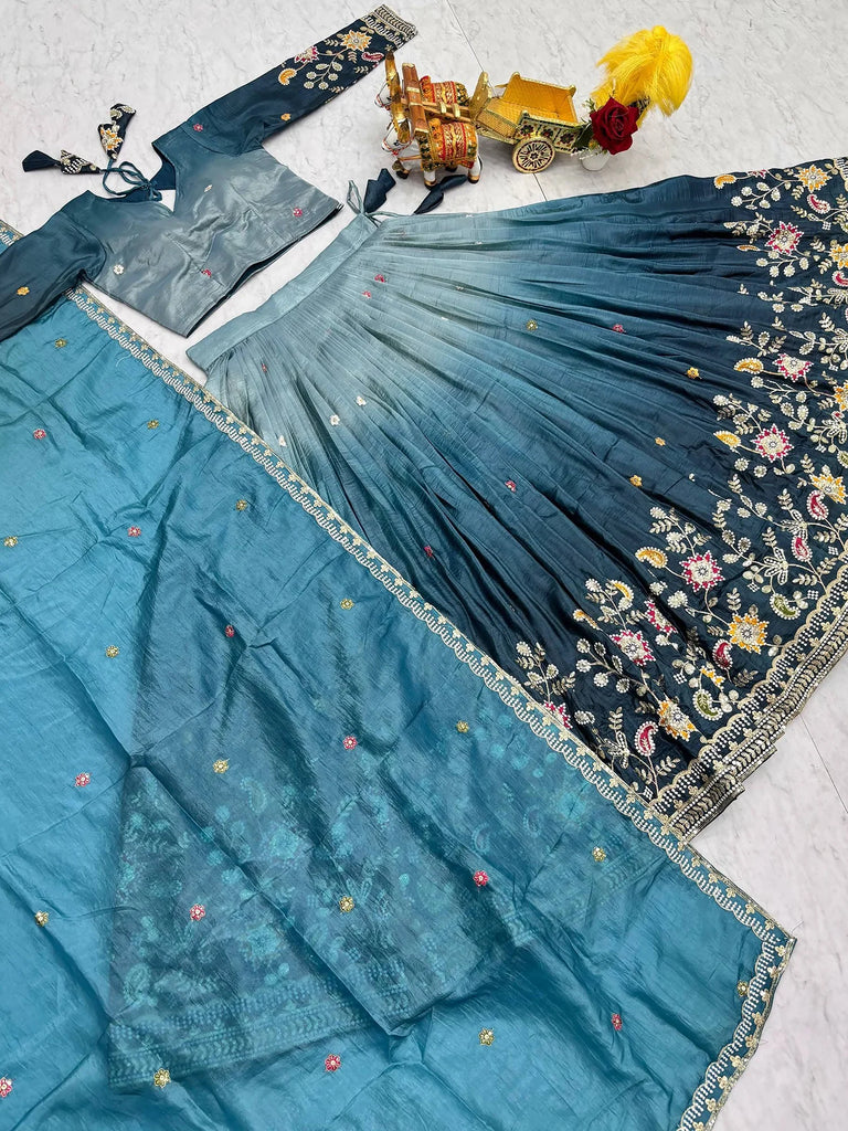 Incredible Blue Embroidered Crushed Wedding Wear Lehenga Choli