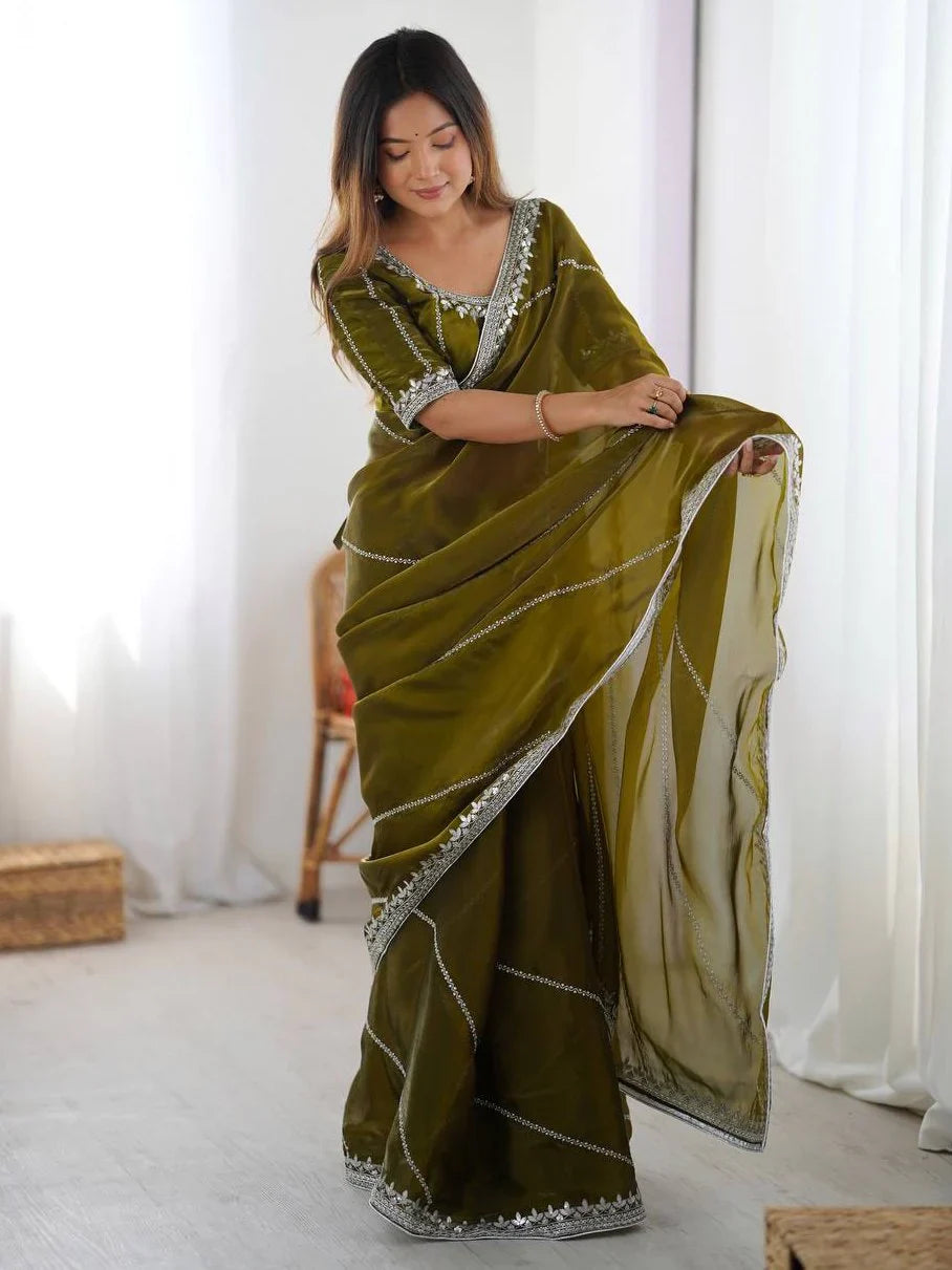 Regal Mehendi Green Sequins Silk Event Wear Saree With Blouse
