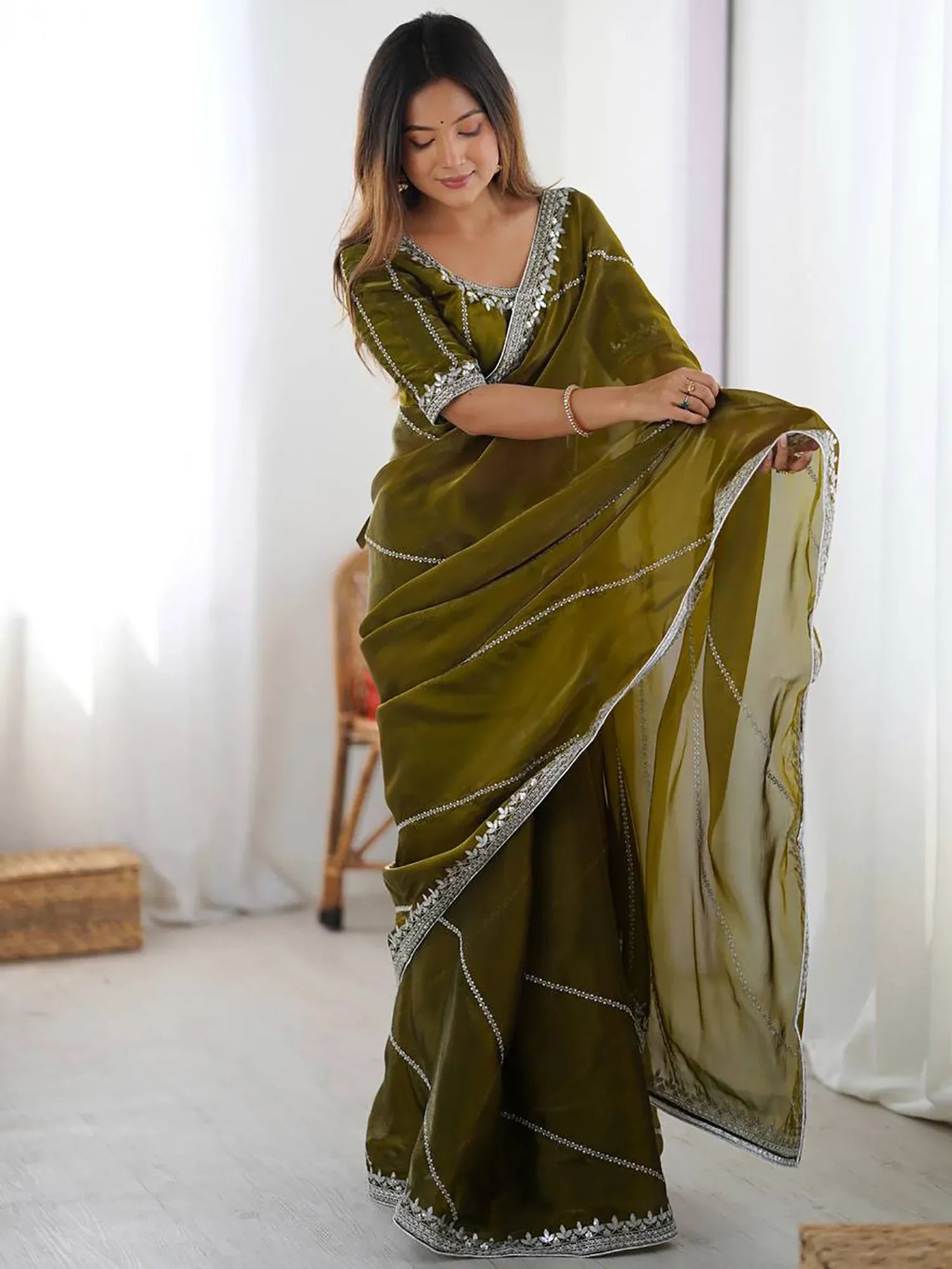 Regal Mehendi Green Sequins Silk Event Wear Saree With Blouse