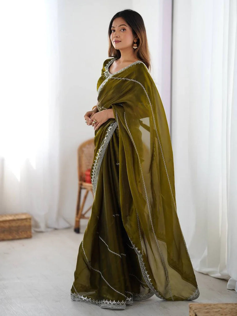 Regal Mehendi Green Sequins Silk Event Wear Saree With Blouse