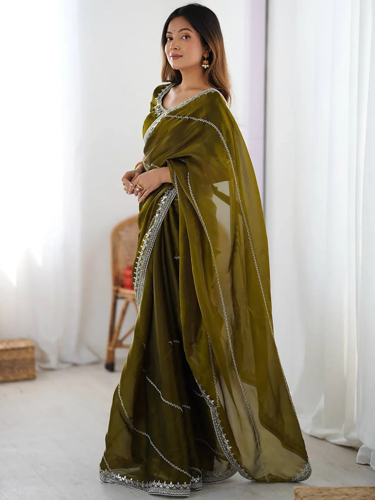 Regal Mehendi Green Sequins Silk Event Wear Saree With Blouse