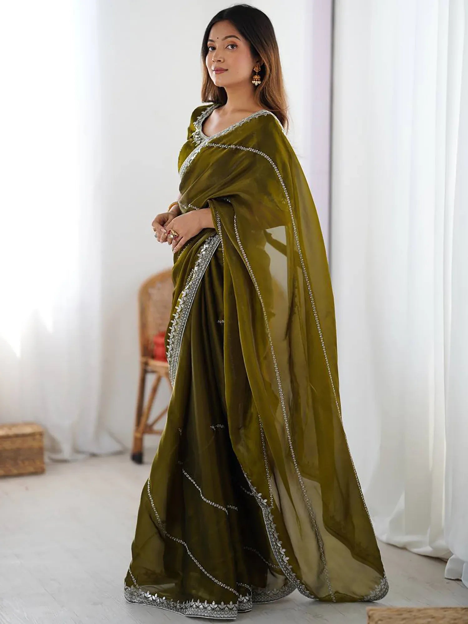 Regal Mehendi Green Sequins Silk Event Wear Saree With Blouse