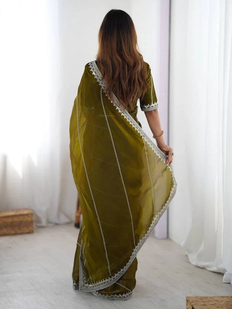 Regal Mehendi Green Sequins Silk Event Wear Saree With Blouse