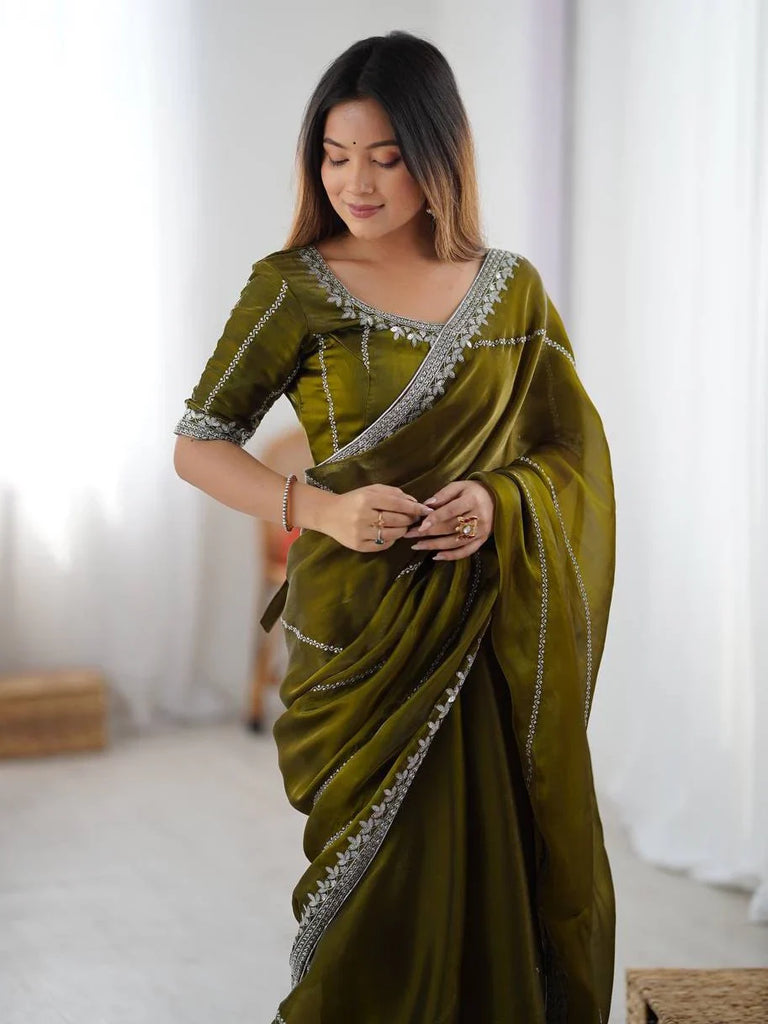 Regal Mehendi Green Sequins Silk Event Wear Saree With Blouse