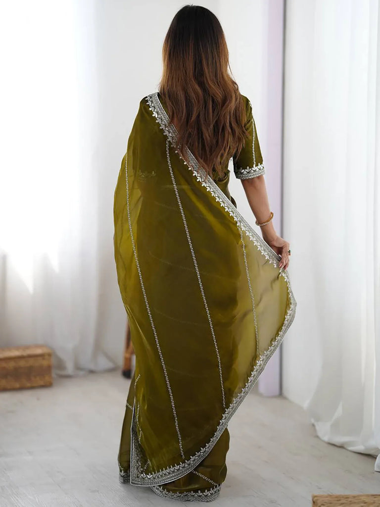 Regal Mehendi Green Sequins Silk Event Wear Saree With Blouse