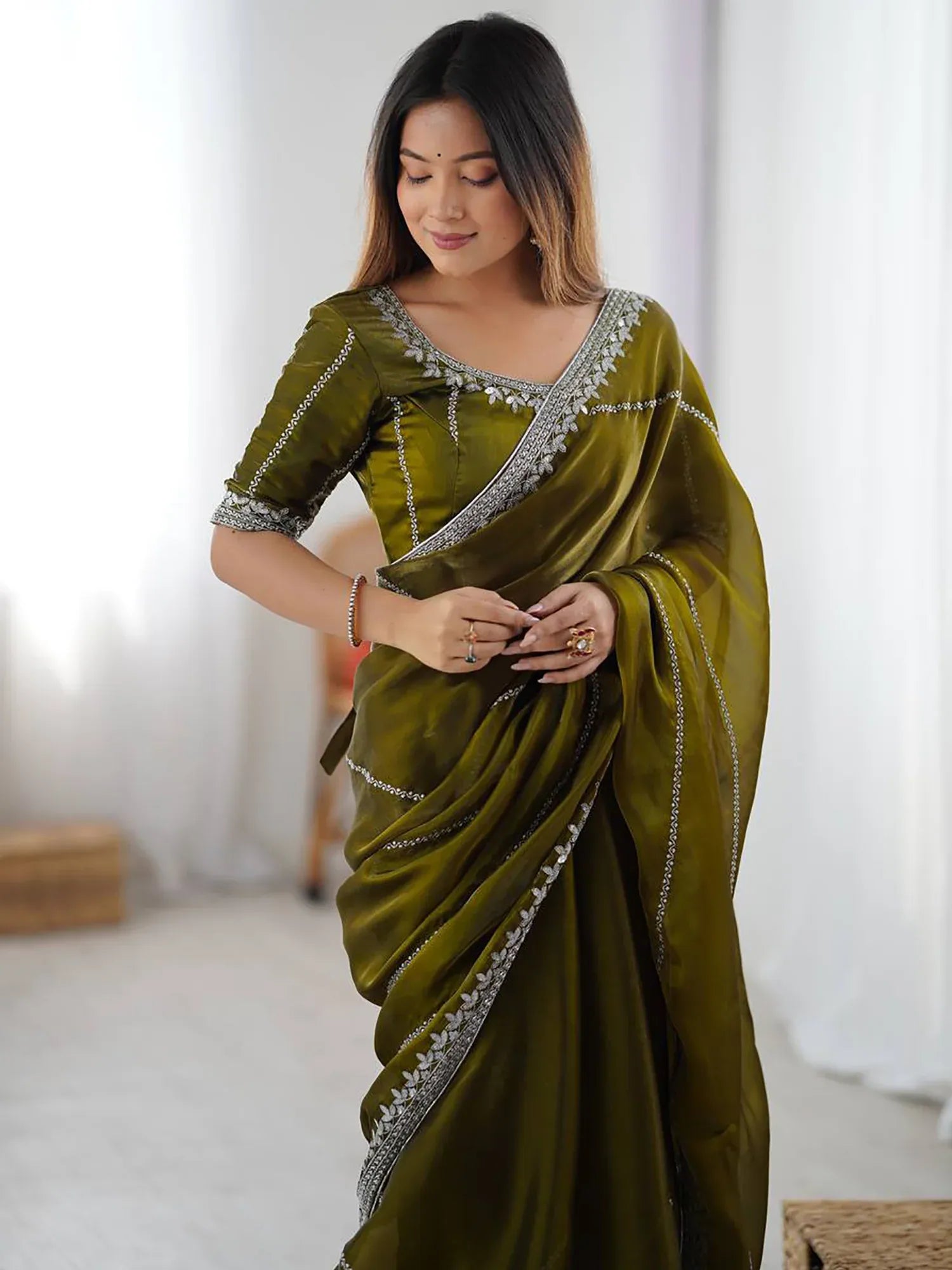 Regal Mehendi Green Sequins Silk Event Wear Saree With Blouse
