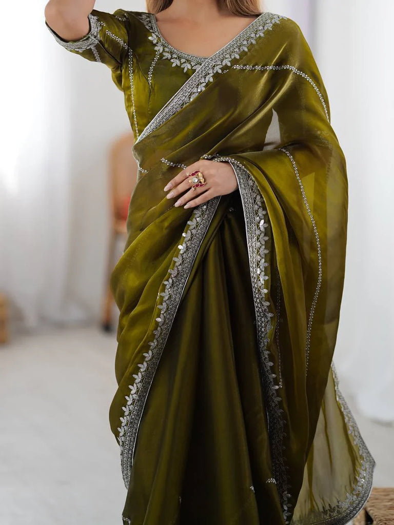 Regal Mehendi Green Sequins Silk Event Wear Saree With Blouse