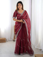 Grand Maroon Thread Work Silk Wedding Wear Saree With Blouse
