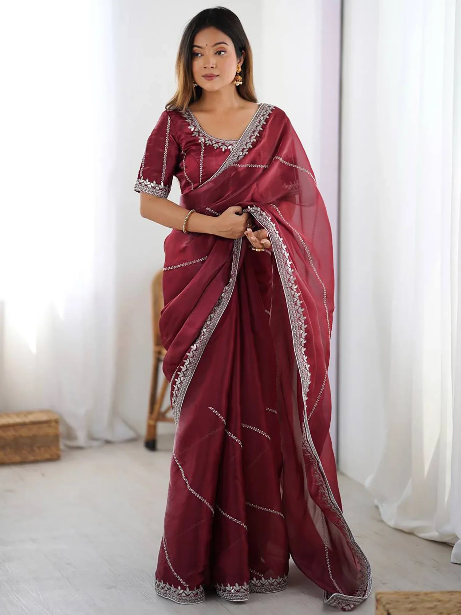 Grand Maroon Thread Work Silk Wedding Wear Saree With Blouse