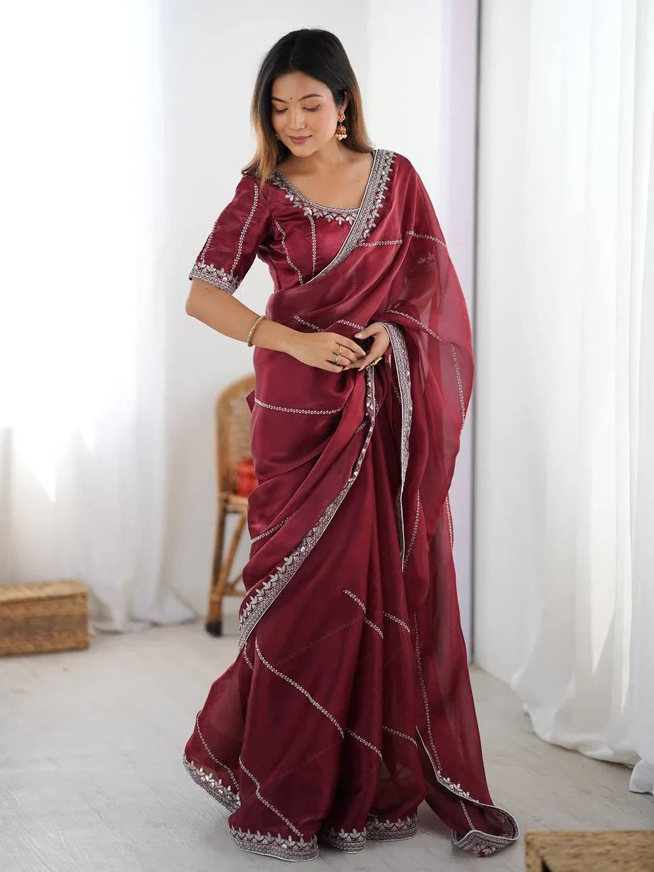 Grand Maroon Thread Work Silk Wedding Wear Saree With Blouse