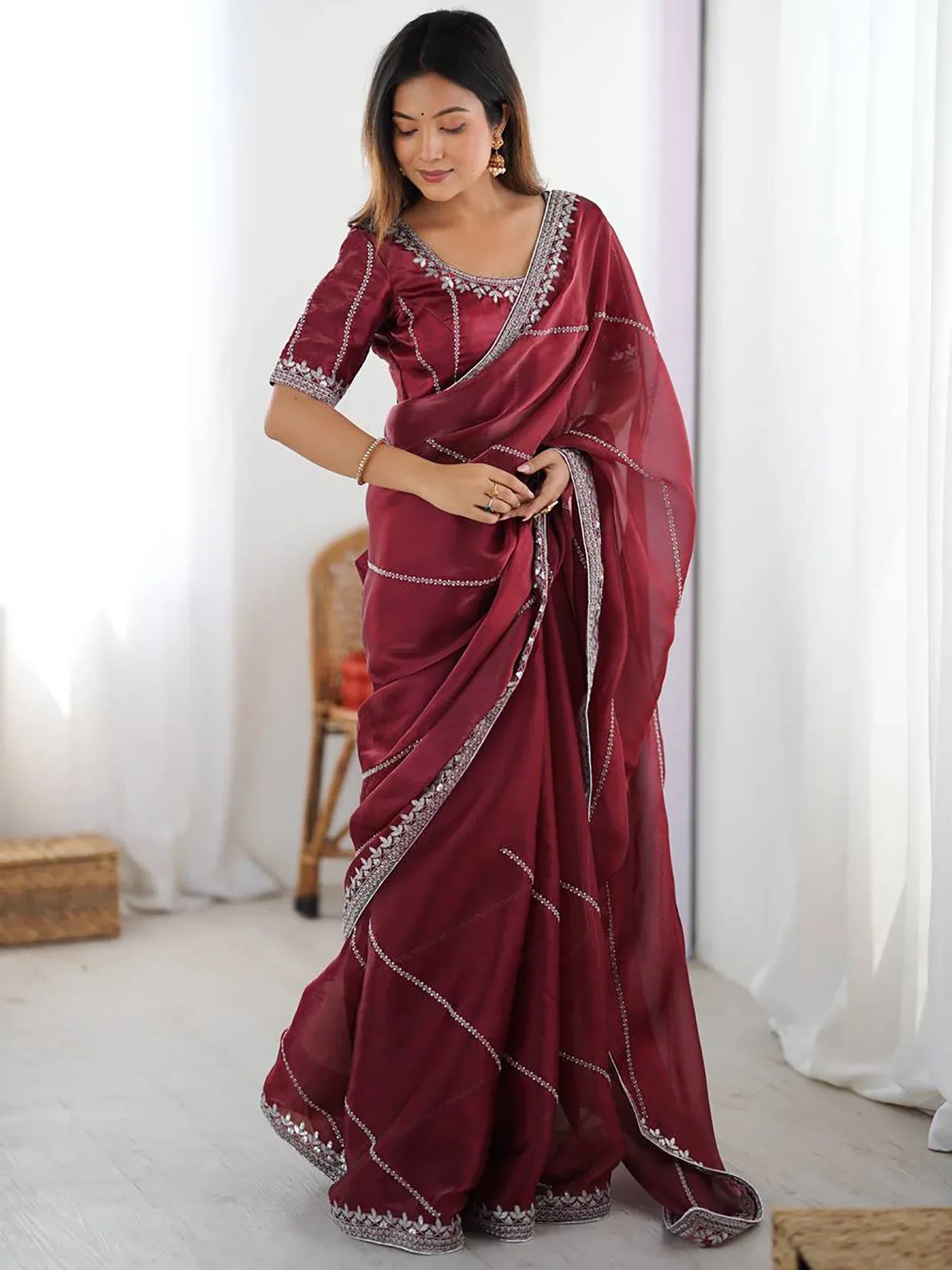 Grand Maroon Thread Work Silk Wedding Wear Saree With Blouse