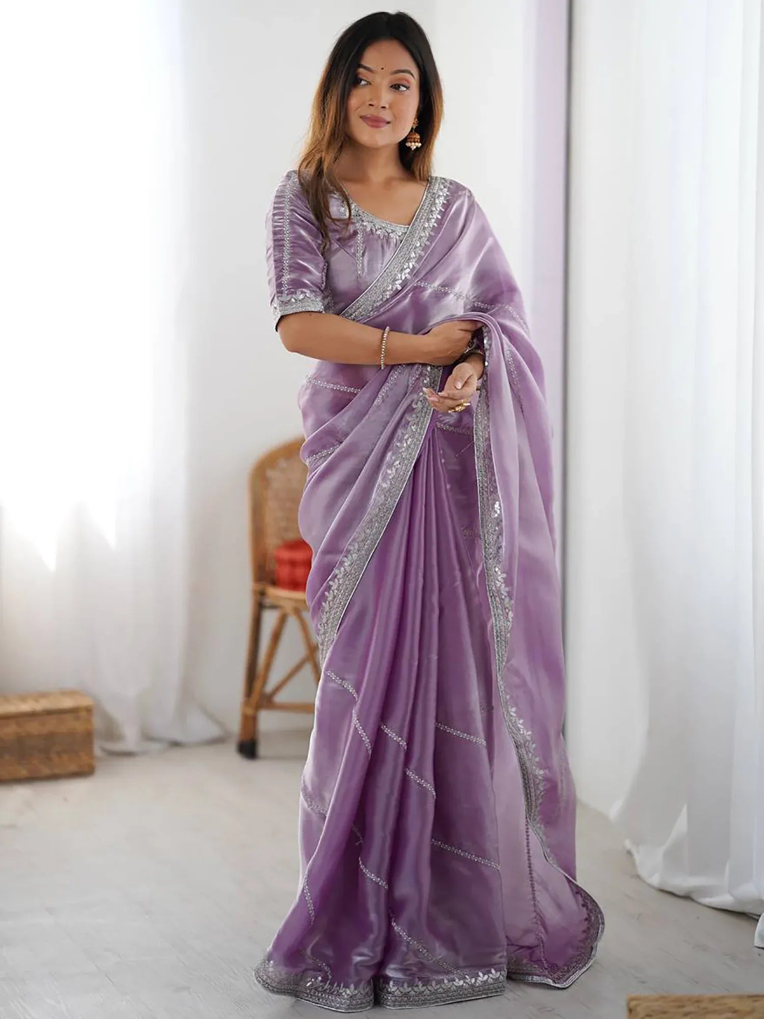 Marvelous Lavender Sequins Silk Traditional Saree With Blouse