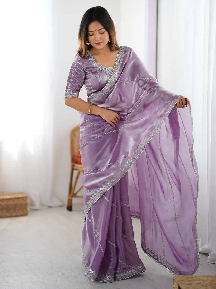Marvelous Lavender Sequins Silk Traditional Saree With Blouse