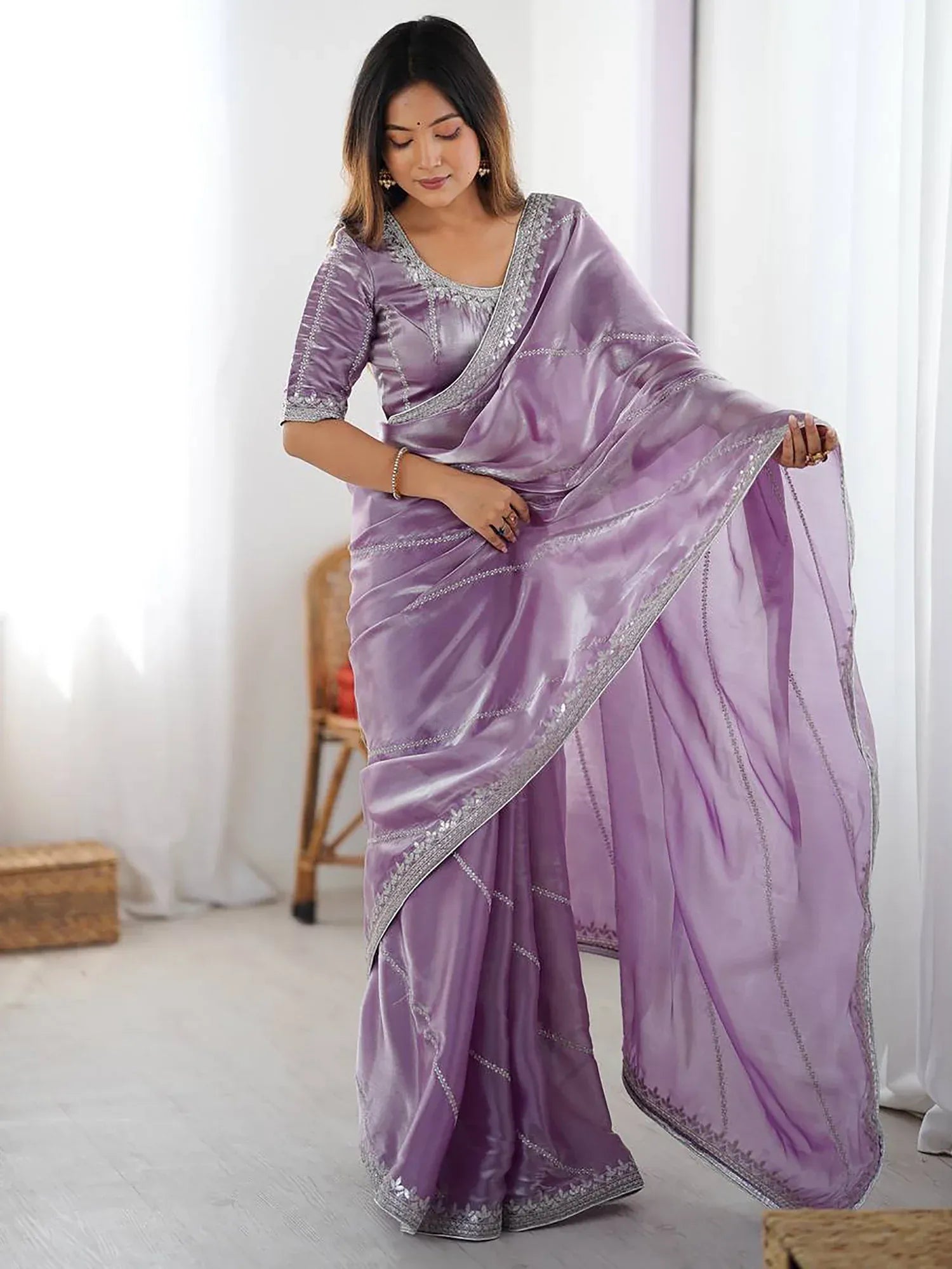 Marvelous Lavender Sequins Silk Traditional Saree With Blouse