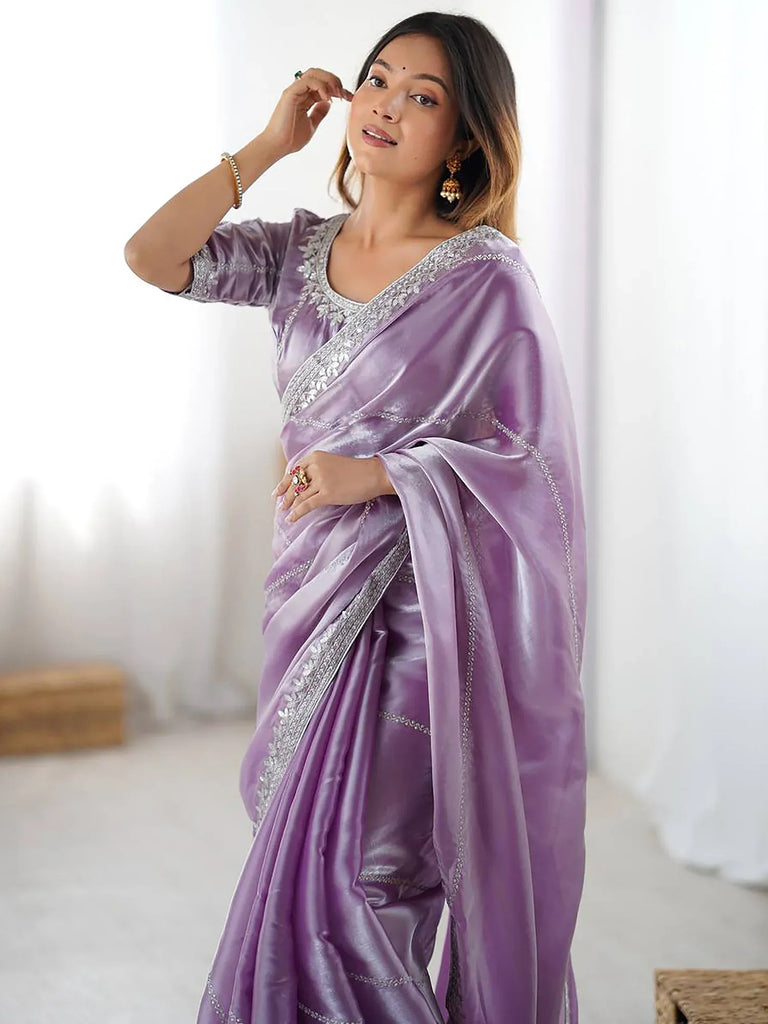 Marvelous Lavender Sequins Silk Traditional Saree With Blouse