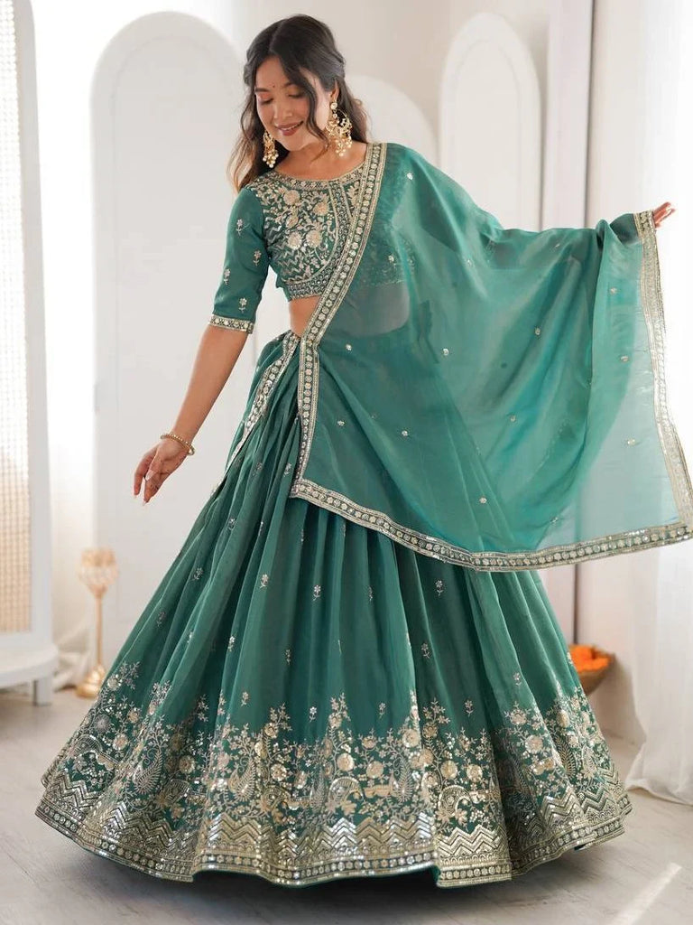 Terrific Sea Green Sequins Silk Mehendi Wear Lehenga Choli With Dupatta