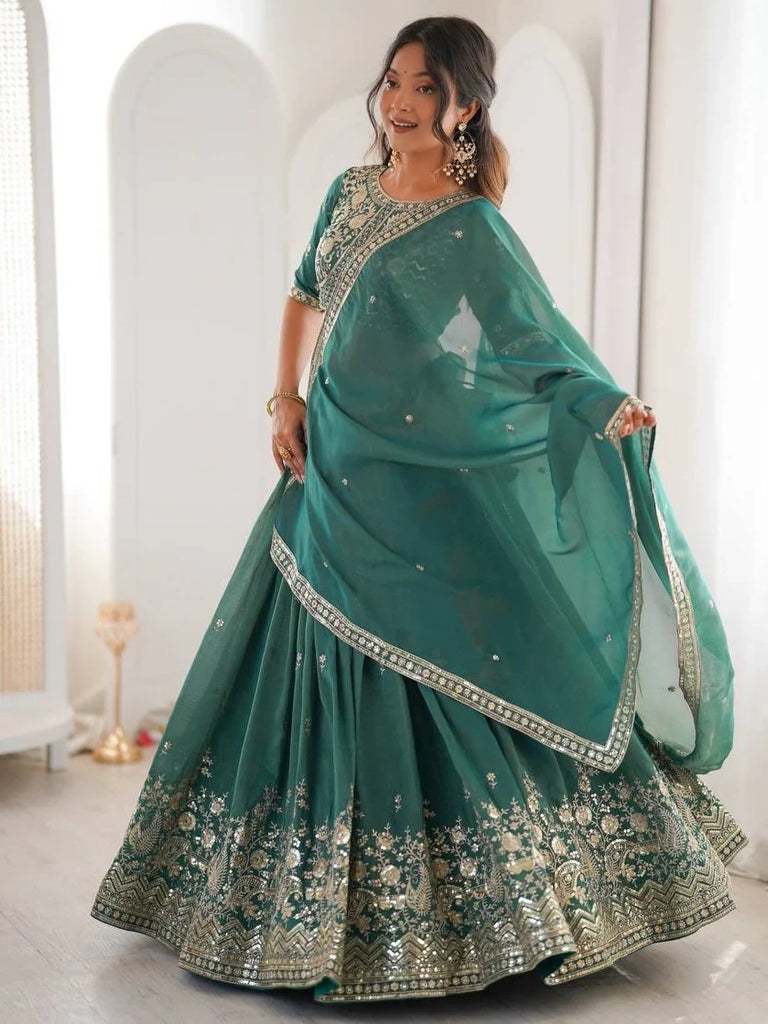 Terrific Sea Green Sequins Silk Mehendi Wear Lehenga Choli With Dupatta